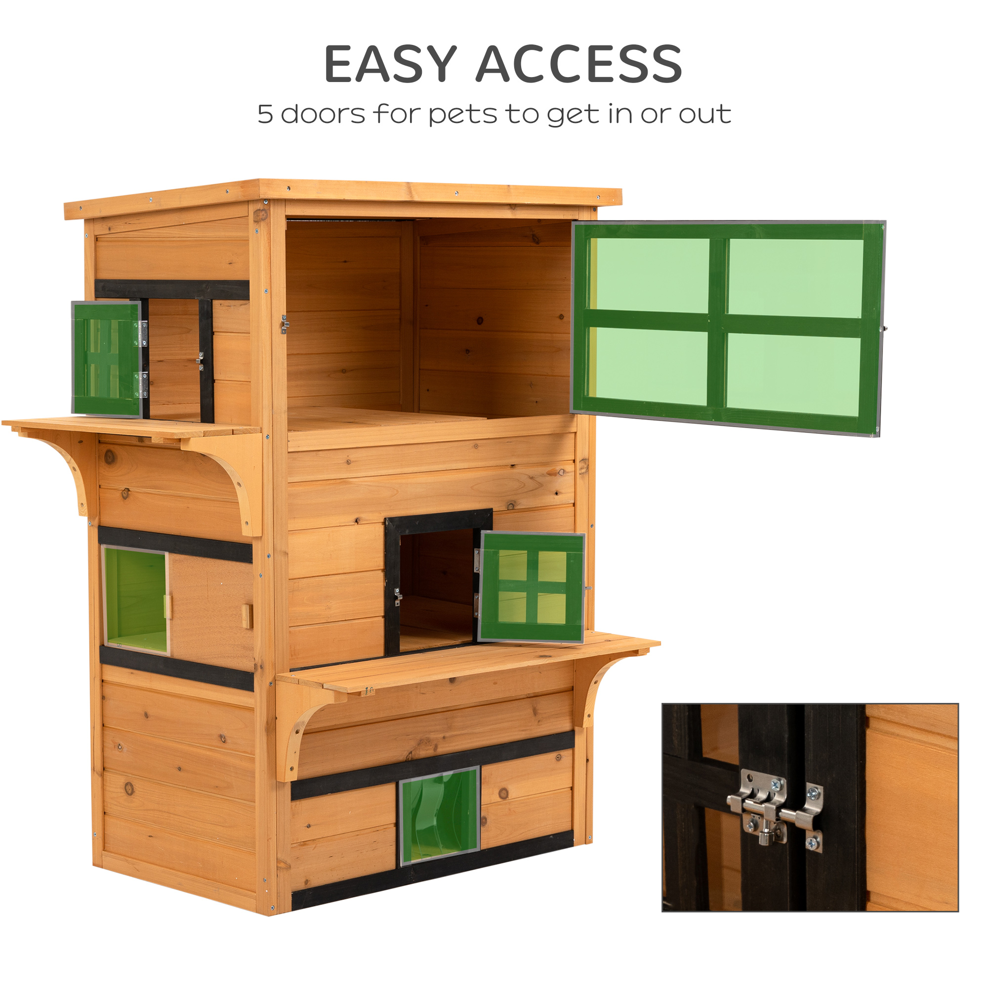 Casa de Exterior para Gatos, 3 Niveles con 5 Puertas de Escape, Resistente al Tiempo, Amarillo y Negro — imagen 8