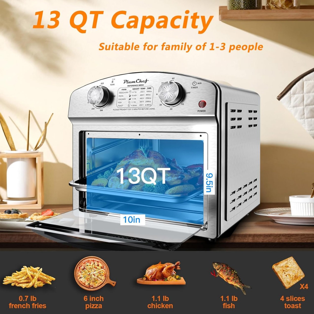 Estufa de Aire con Acero Inoxidable 12.5 Qt, Control Doble, Temporizador de 60 Minutos, Presets para Patatas Fritas, Pizza, Pollo, Pescado y Pan - Diseño Elegante y Saludable — imagen 3