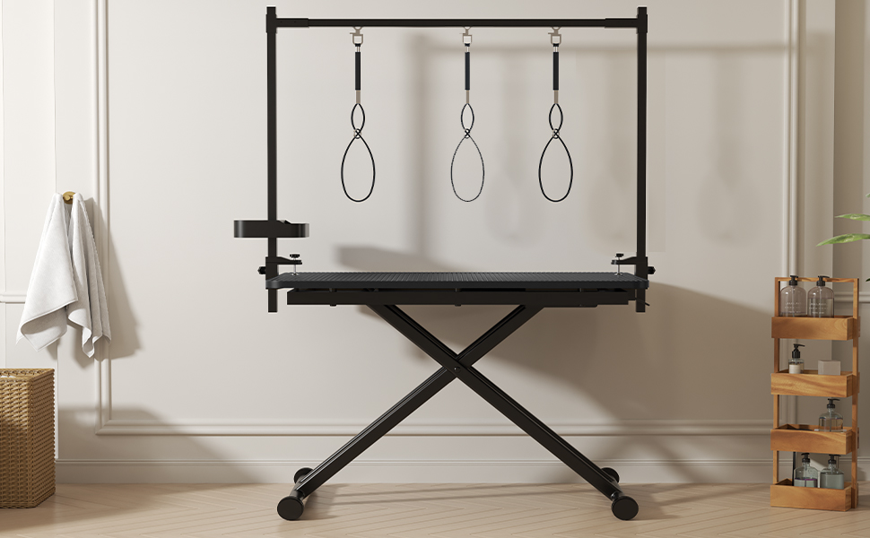 Mesa de aseo grande para perros de 47" en negro, mesa de aseo plegable X-Lift para perros en casa, brazos de altura ajustable, estación para mascotas con lazos de sujeción, organizador de herramientas — imagen 2