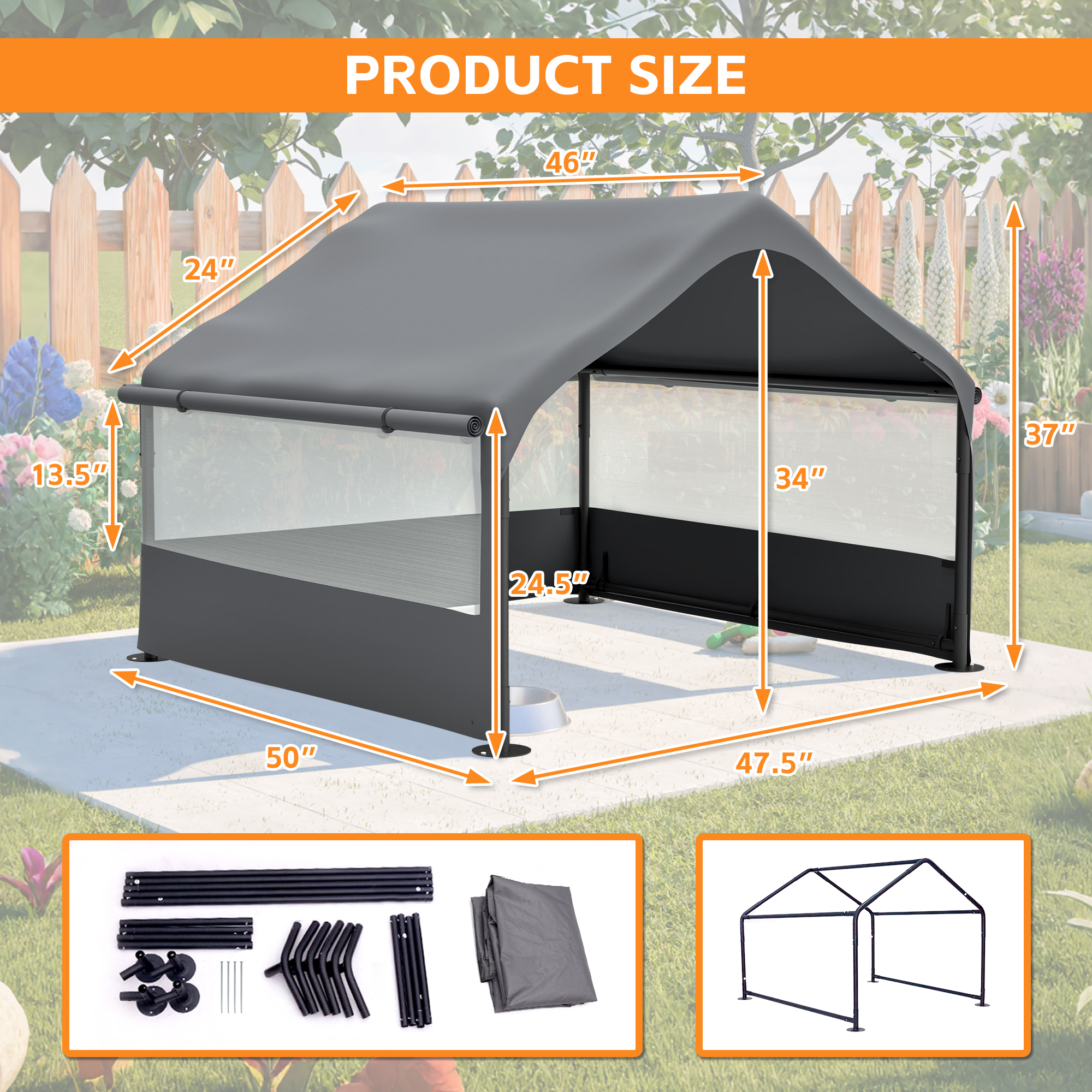 Tenda de Perro Externa Grande con Ventanas de Malla Tres Lados, Cubierta Transpirable para Sol y Lluvia, Refugio Exterior para Perros, Gatos, Ganado 4' x 4' x 3.3', Gris — imagen 3