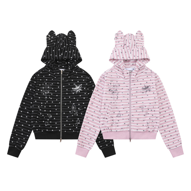 Pink and white striped star rabbit ear hooded cardigan — image 4