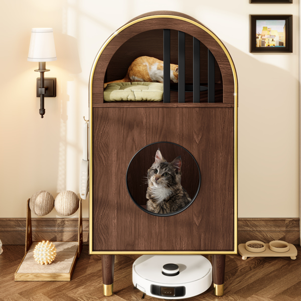 Caja de Arena para Gatos, Conexión 2 en 1: Casa y Cama para Dos Gatos con Refugio Cozino en Niveles, Decoración Moderna para Dormir con Acabado Espresso — imagen 1