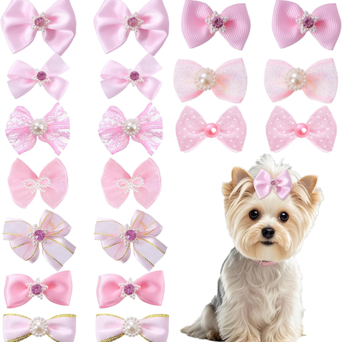 20 Piezas de Lindos Moños para Perro con Ligas Elásticas, Hechos a Mano, Estilos Variados con Encaje, Diamantes de Imitación y Perlas, para Cachorros, Gatos y Mascotas Peludas — imagen 1