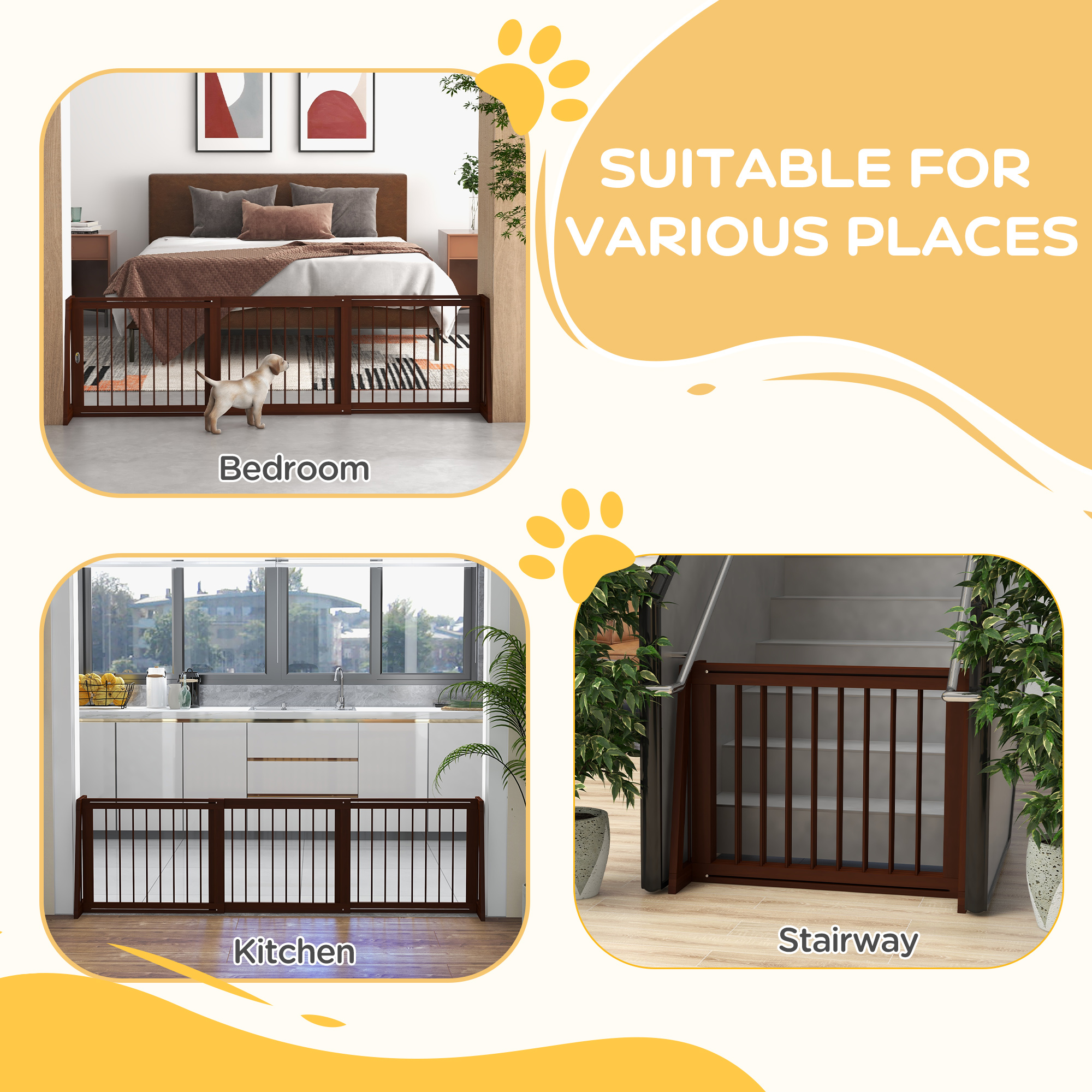 28"-75" Freestanding Wooden Pet Gate with Support Feet & Non-Slip Mats for Indoor, Stairway, Doorway, Brown — image 5
