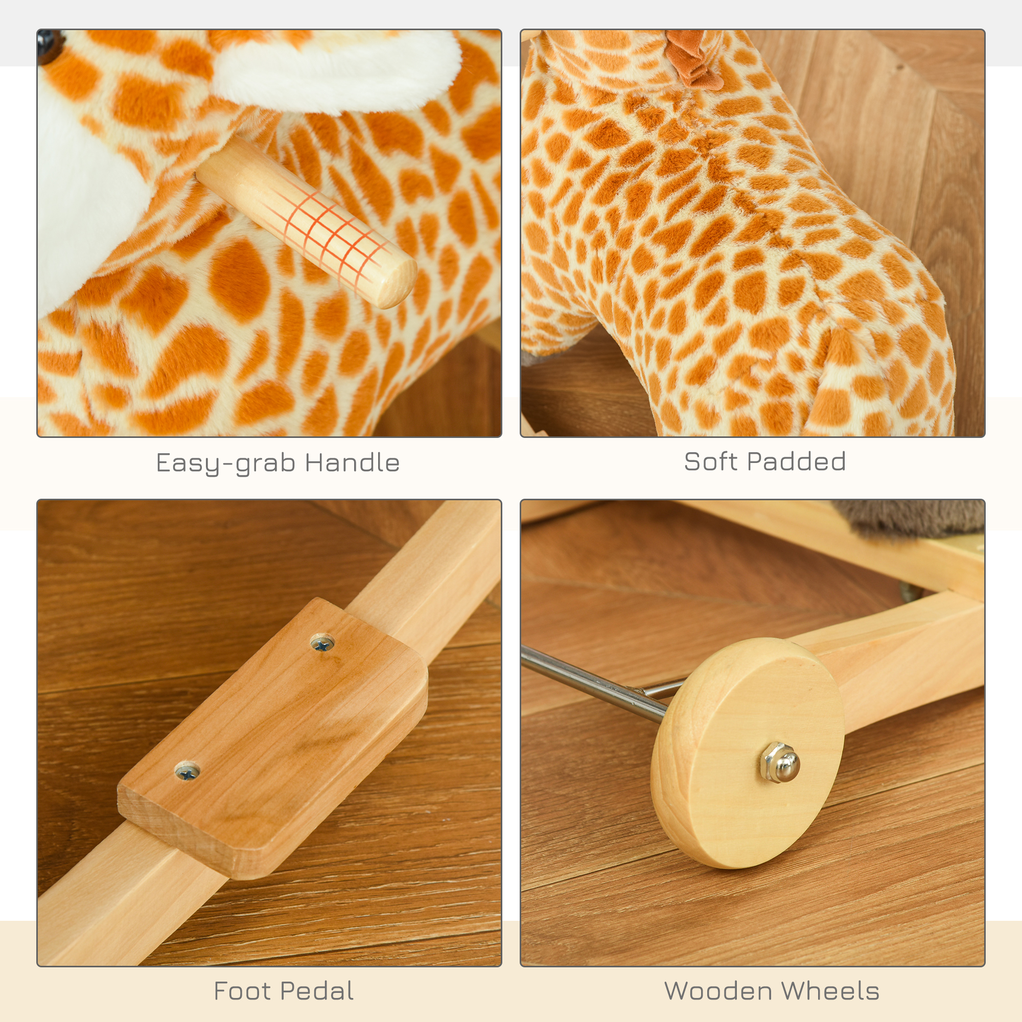 Caballo de Madera que Se Mueve, 2 en 1 para Niños: Caballo y Jirafa con Sonido, Manijas Seguras, Base de Madera, Piso de Pedal, Perfecto para Edad 3-6 Años, Amarillo — imagen 2