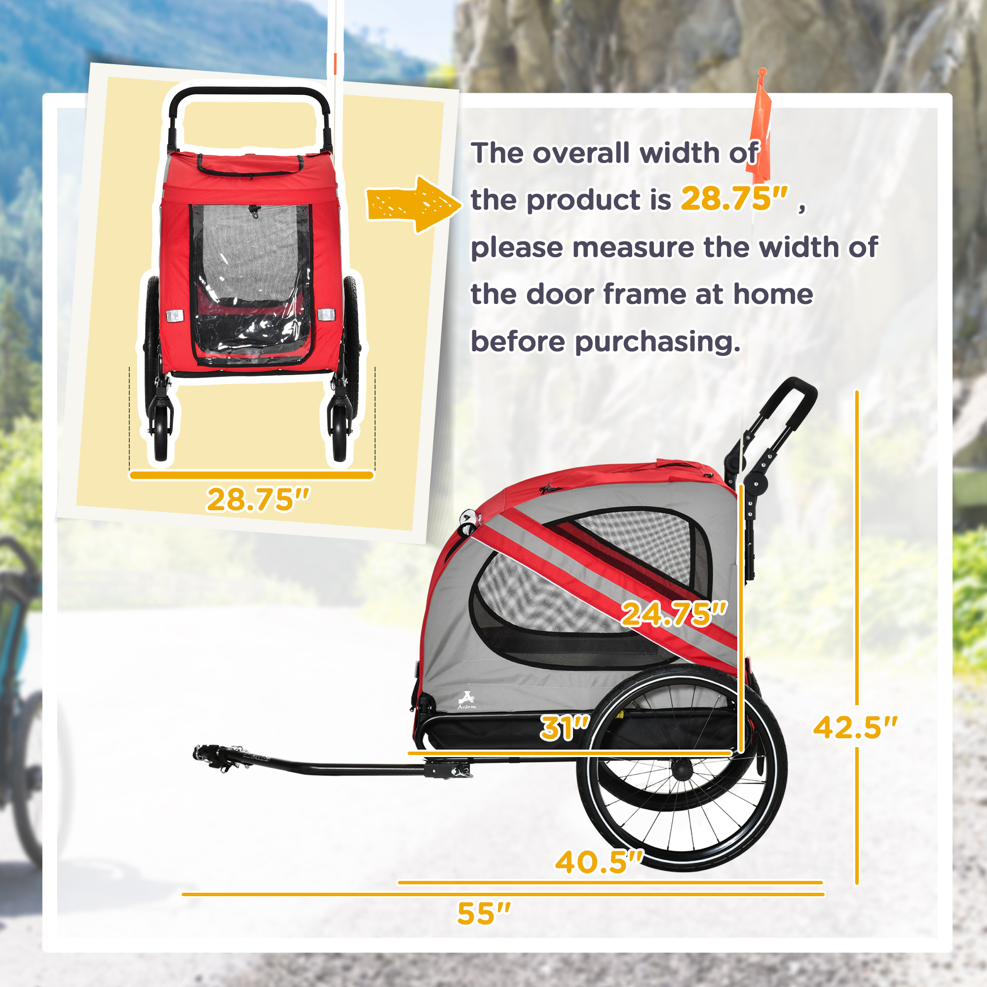Remolque de Bicicleta 2 en 1 para Mascotas para Perros Pequeños y Medianos, Cochecito para Perros con Visibilidad Vial, Transportador para Bicicleta, Accesorio Lateral Resistente al Clima para Bicicleta, Rojo — imagen 6