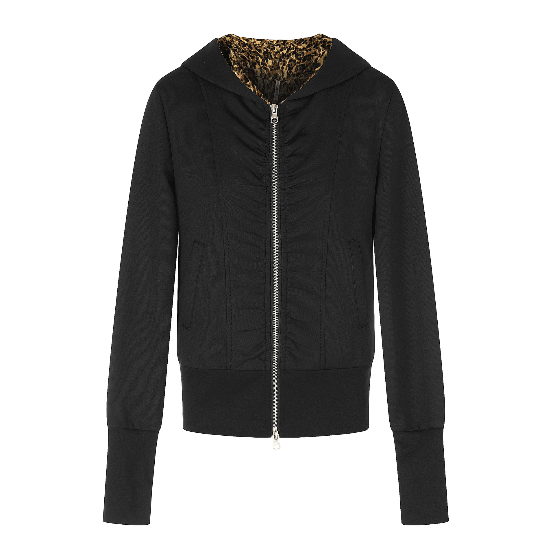 Hooded Sweatshirt Jacket with Leopard Print Lining and Ruched Slim Fit Cardigan — image 4