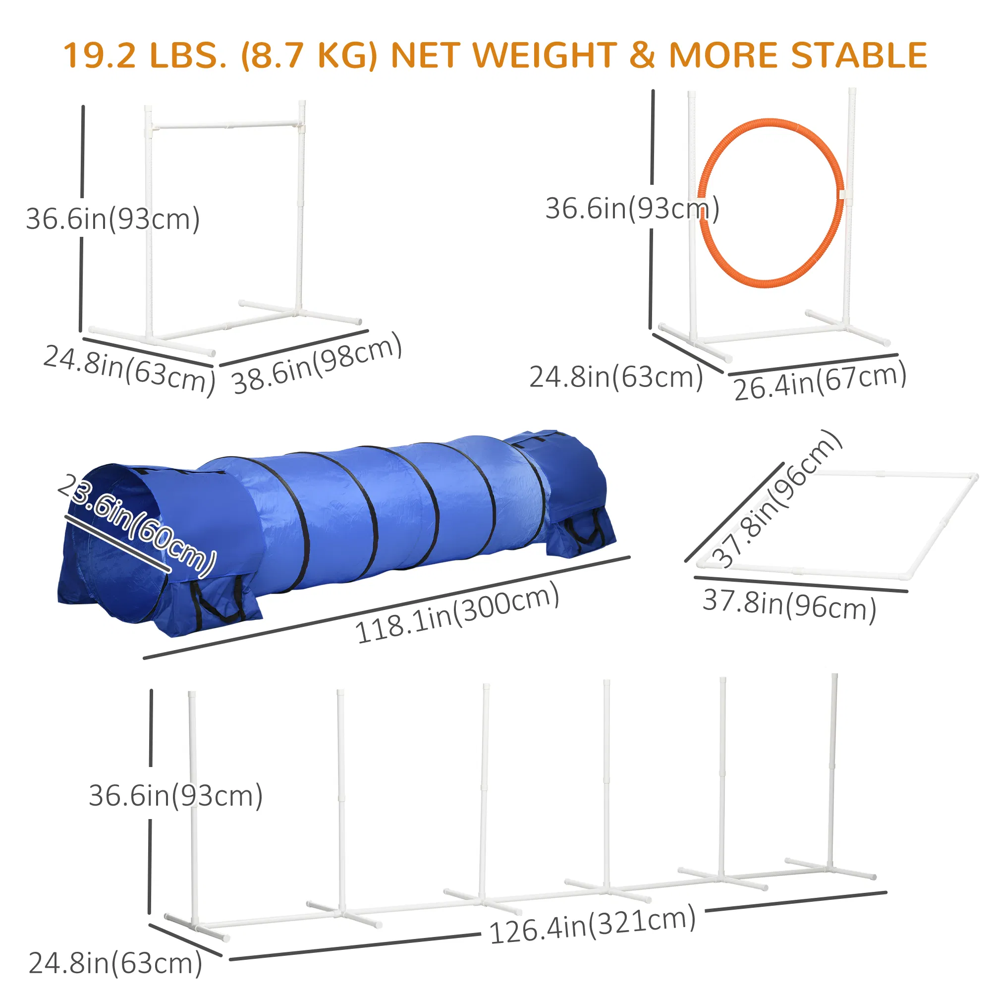 5Pcs Dog Agility Training Equipment with 8.7KG Net Weight, Pet Agility Set with Tunnels, Adjustable Jump Ring, Jumper, Weave Poles, Square Pause Box, Carrying Bag, Whistle — image 3