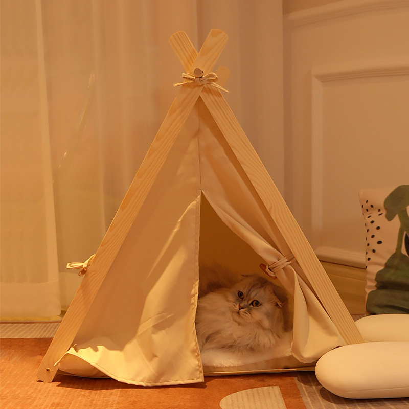 Four Seasons Pet Nest Removable and Washable Beige Stripe Canvas Solid Wood Tent Cat Nest Dog Bed — image 4