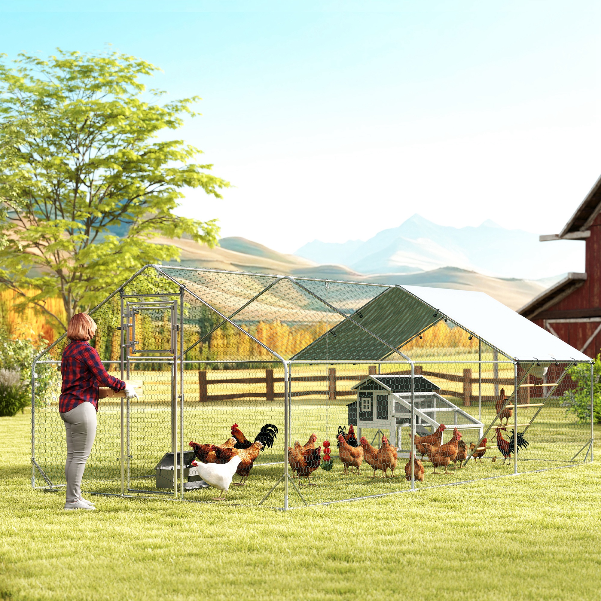 Cobertizo de Pollos Metálico con Cubierta Impermeable y Resistente a UV, Puerta de Alimentación, Comedor Suspendido, para 18-24 Pollos, 9.8 x 19.7 x 6.4 — imagen 7