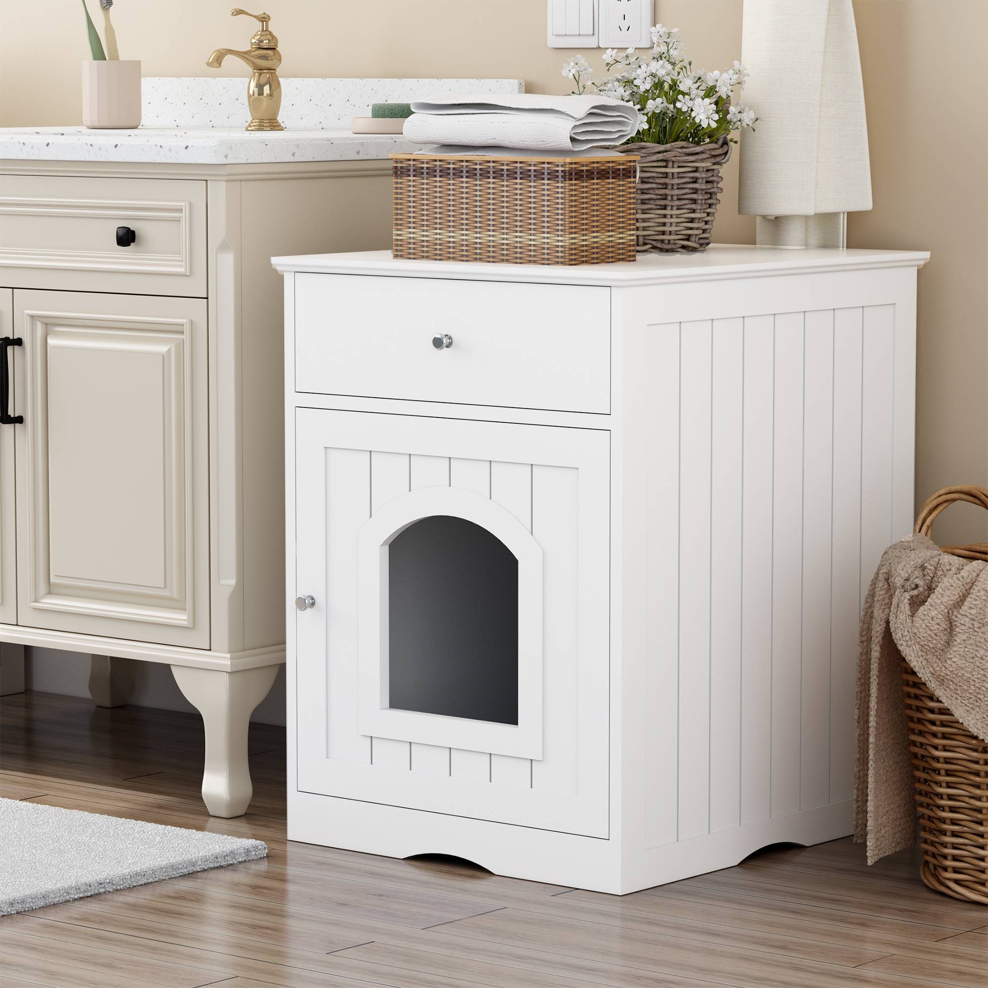 Wooden Pet House Cat Litter Box Enclosure With Drawer Side Table Cat Home Nightstand — image 7