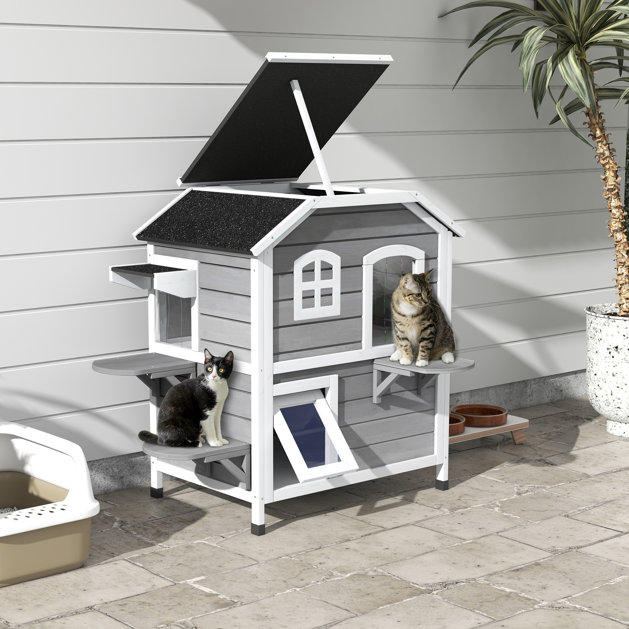 Casa Para Gatos Exterior de 2 Pisos, Recinto de Madera Resistente a la Intemperie Para Gatos Callejeros Con Puerta de Escape, Techo Abatible y Plataformas Para Saltar, Gris — imagen 7