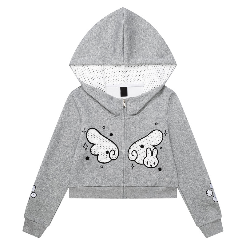 Grey short rabbit wing printed hooded cardigan — image 1