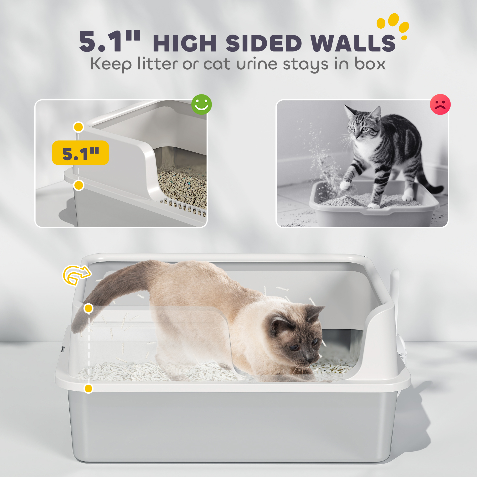 Caja de Arena de Acero Inoxidable con Alto Costado, Cuchara, Limpieza Fácil y Prevención de Pérdidas de Orina, para Gatos Grandes, Gris Claro — imagen 6