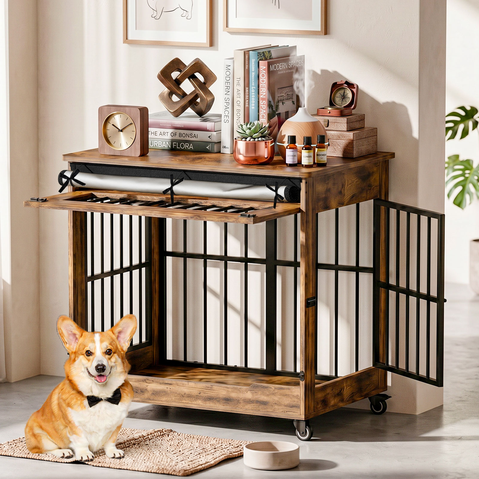 Dog Crate Furniture, Double Door Wooden Indoor Dog Kennel Furniture, Decorative Pet Cage End Table With Wheels For Medium And Small Breed Dogs, Size M, Greige — image 16
