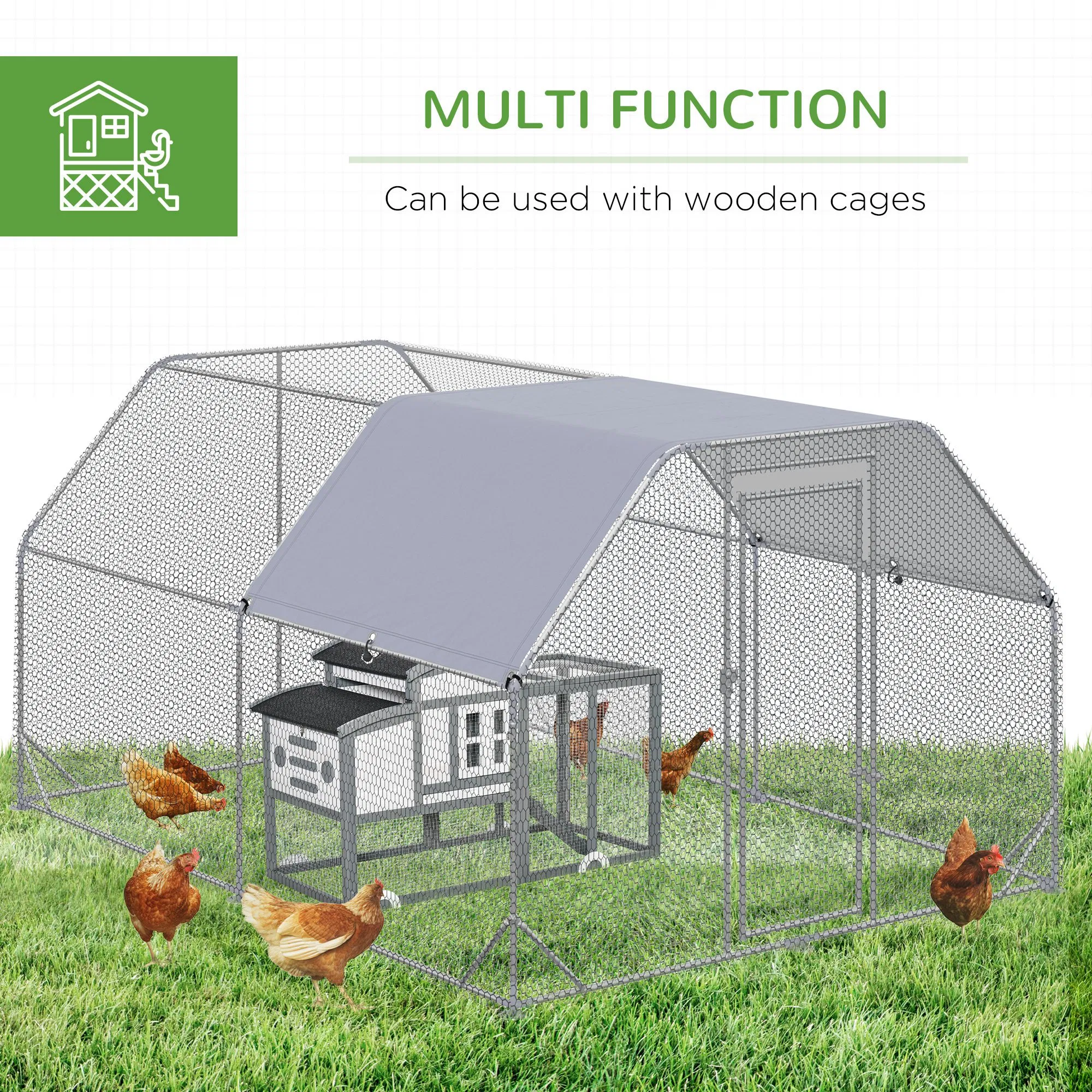 Chicken Run, Galvanized Large Metal Chicken Coop Cage, Walk-in Enclosure Poultry Hen Run House Playpen Rabbit Hutch with Flat Roof, Cover, 9.2' x 12.5' x 6.5', Silver — image 4