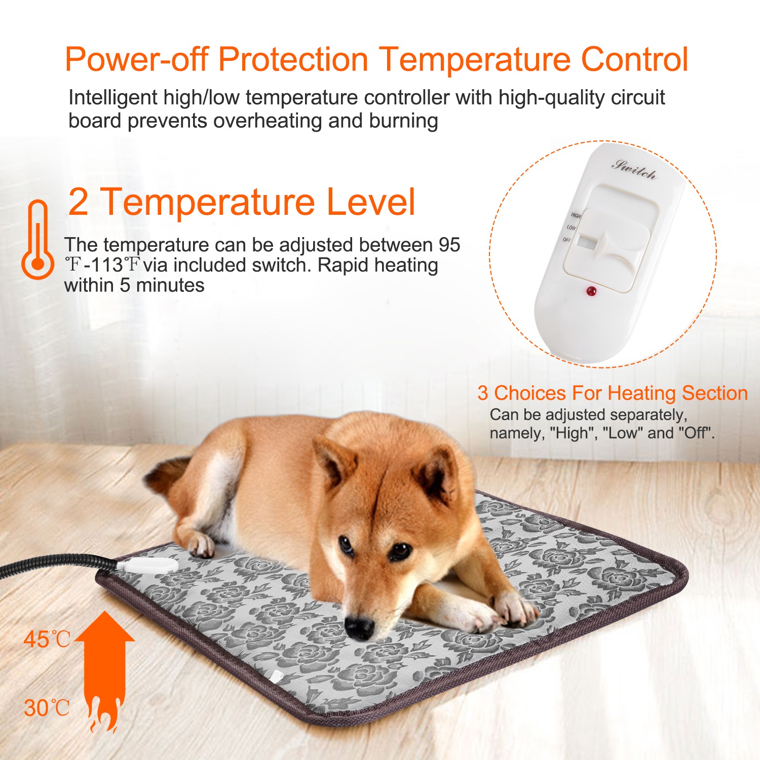 Pet Heating Pad Dog Cat Electric Heating Mat Waterproof Adjustable Warming Blanket With Chew Resistant Steel Cord Case — image 12