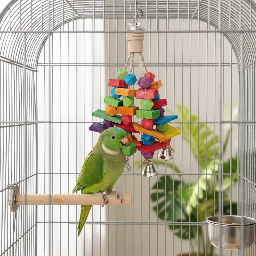 Parrot Toy with Rainbow Blocks and Bell Natural Wood Chew Toy for Small to Medium Birds Interactive Entertainment for Pet Birds — image 2
