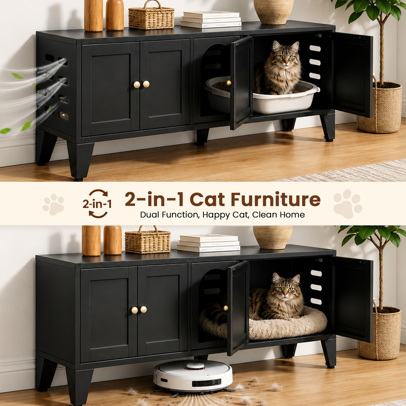 Caja de Limpieza para Gatos en Metal, Encierro Oculto para 2 Gatos, Casa Grande para Indor con Ventilación y 2 Compartimentos, Negro Moderno — imagen 7
