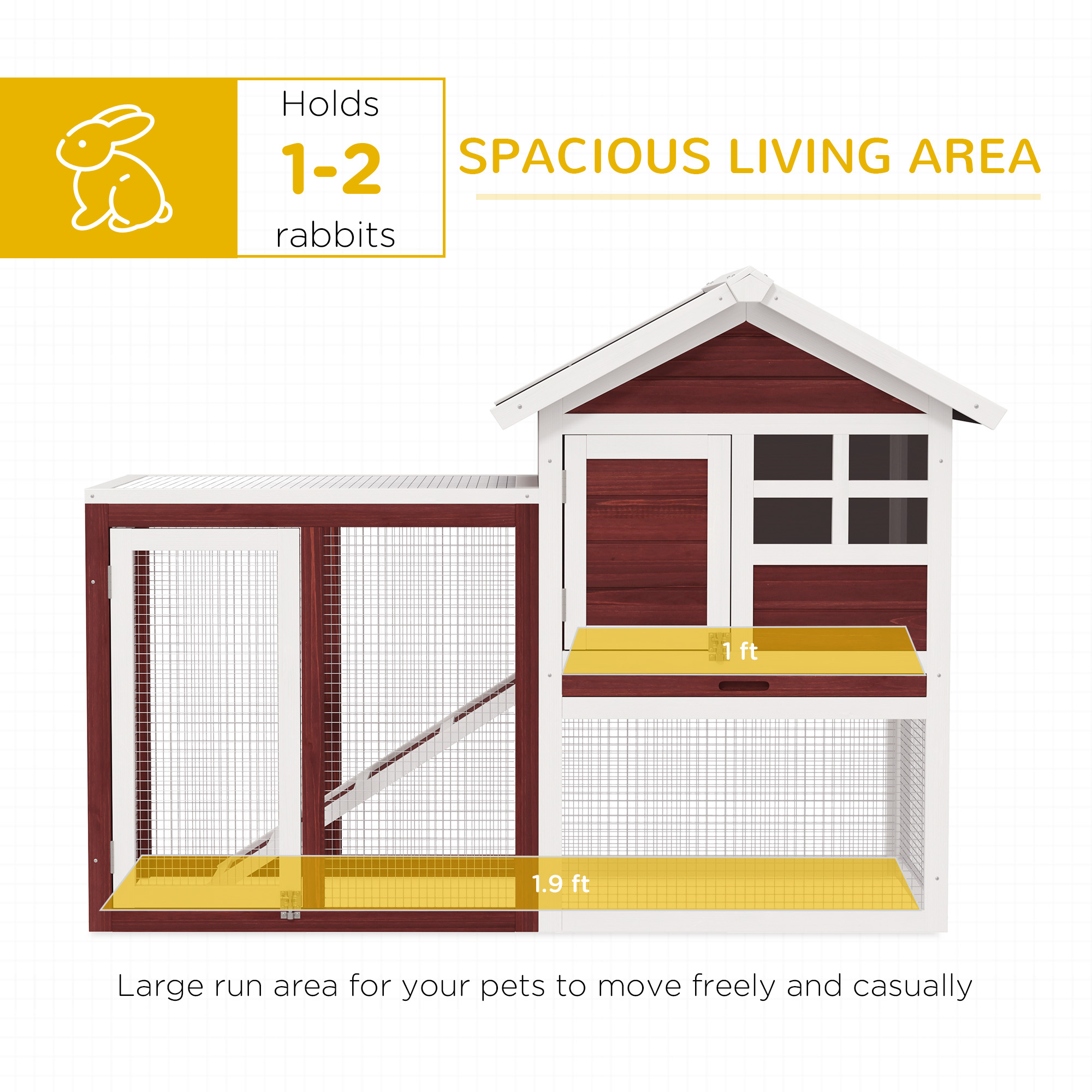 49" Wooden Rabbit Hutch Bunny Cage with Waterproof Asphalt Roof, Fun Outdoor Run, Removable Tray and Ramp, for Rabbits, Chickens, Ducks, Brown — imagen 2