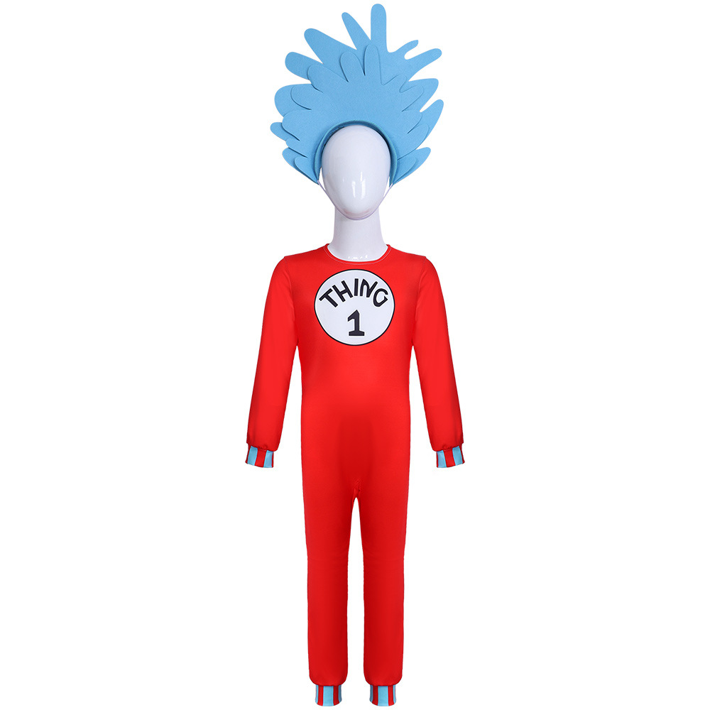 Halloween Dr. Seuss Kids Cosplay Costume Cat in the Hat Thing 1 Thing 2 Red Jumpsuit — image 3