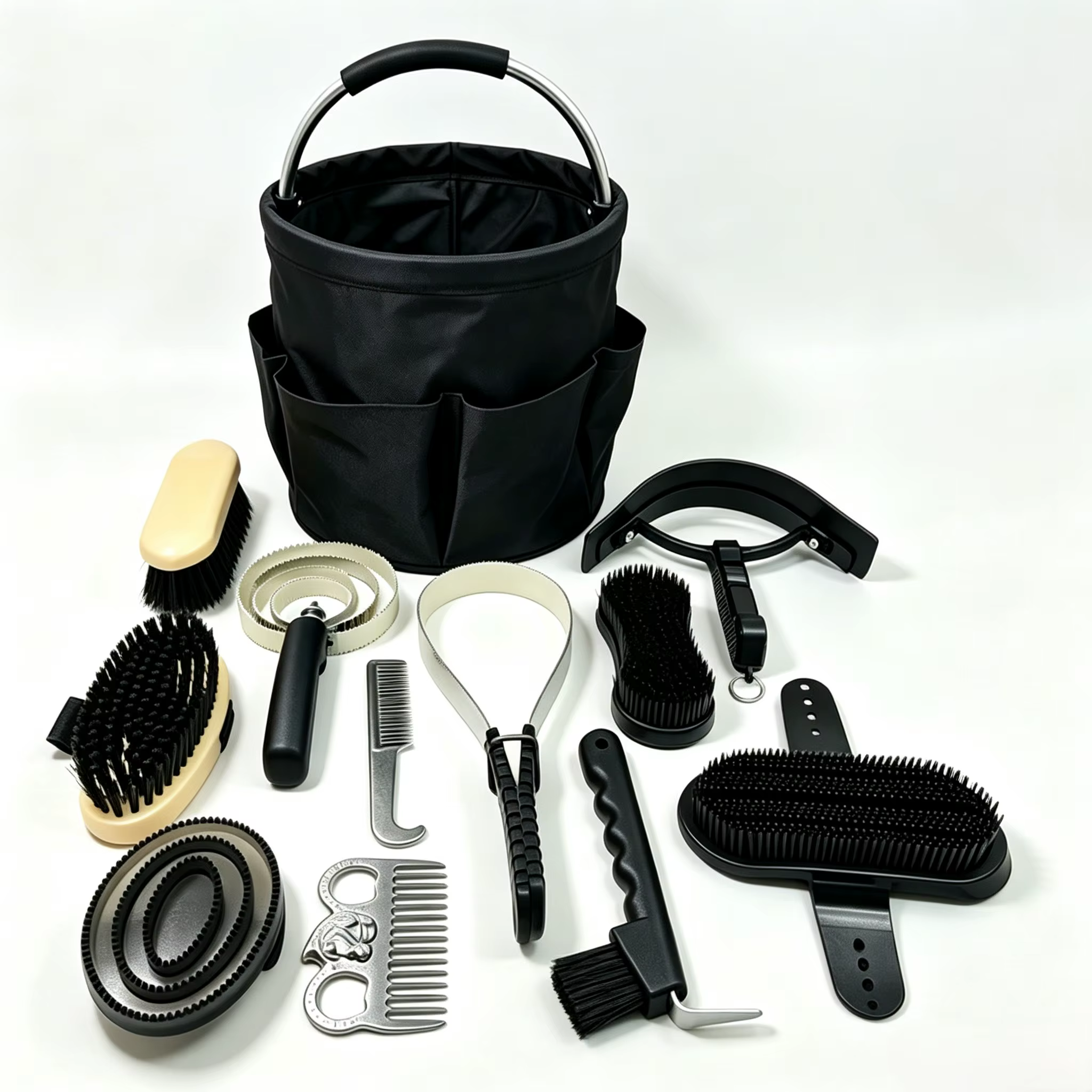 Kit de Aseo para Caballos 12 piezas: Juego de Herramientas de Limpieza y Cuidado con Cubeta de Almacenamiento Plegable