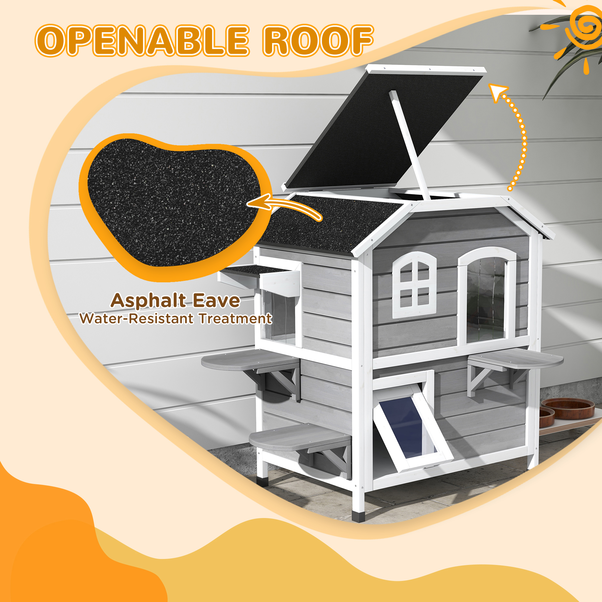 Casa Para Gatos Exterior de 2 Pisos, Recinto de Madera Resistente a la Intemperie Para Gatos Callejeros Con Puerta de Escape, Techo Abatible y Plataformas Para Saltar, Gris — imagen 5