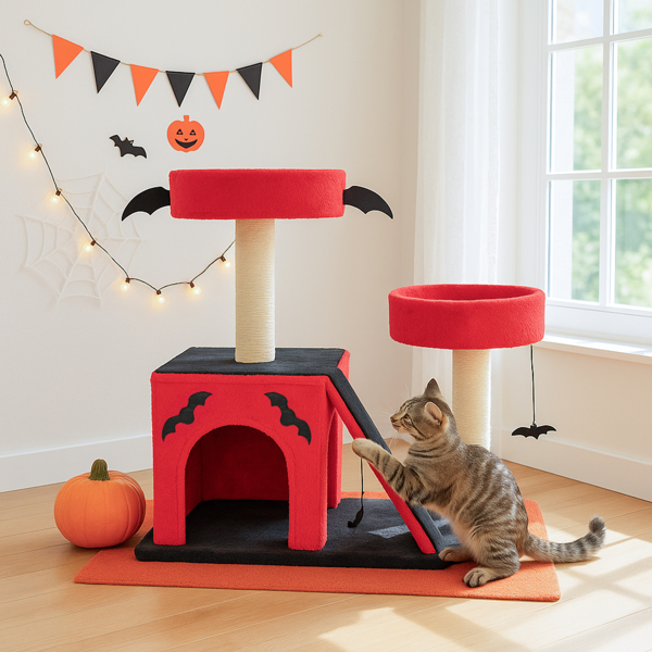 Árbol de Gato Gótico para Halloween - Área de Descanso con Condo Espacioso y Perchas Acolchadas, Postes de Rastrillado y Juguetes de Araña para Gatos Grandes, Rojo y Negro — imagen 2
