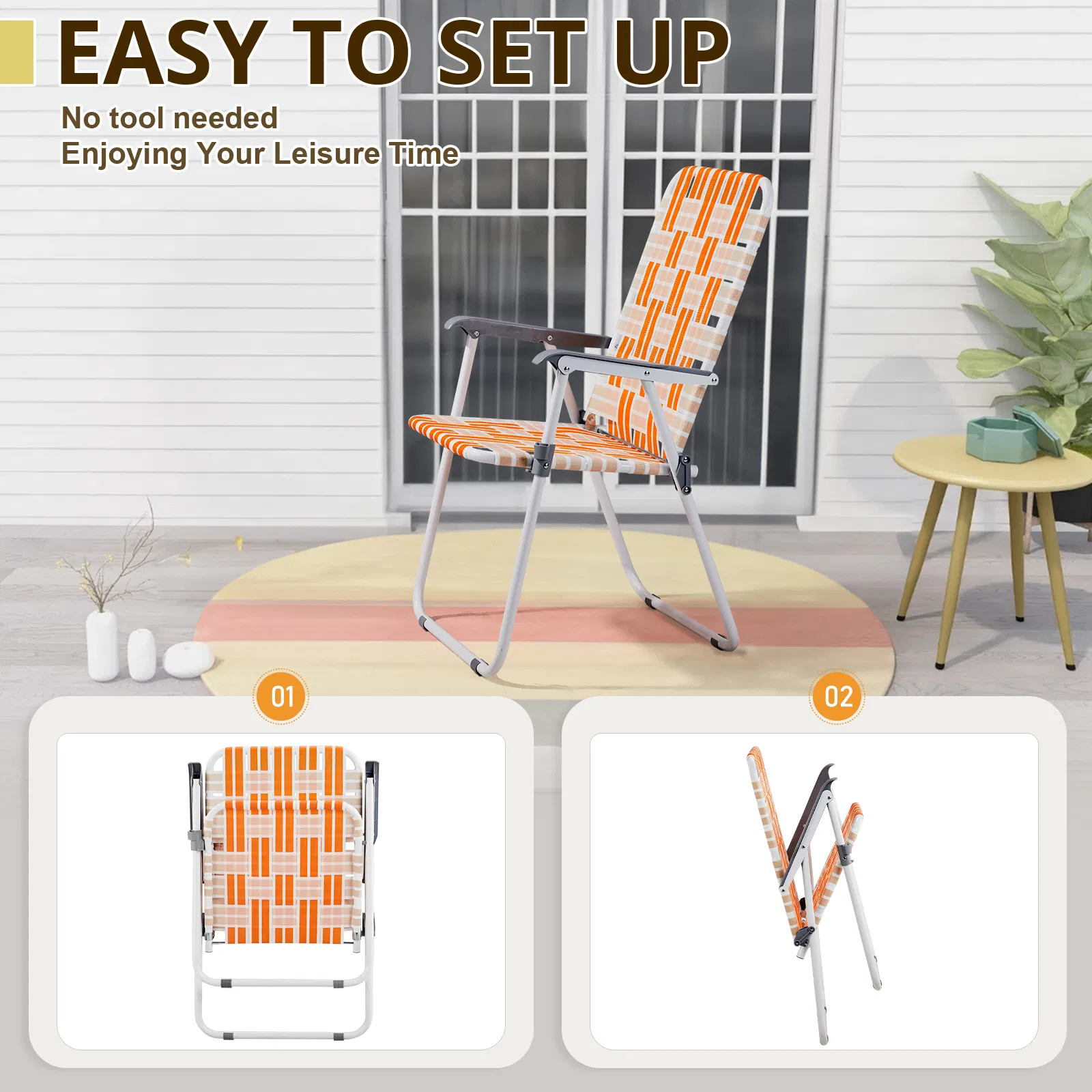 Set of 2 Webbed Folding Beach Chairs, Outdoor Patio Lawn Foldable Chairs for Camping Fishing Yard Poolside BBQ, Orange & White — image 7