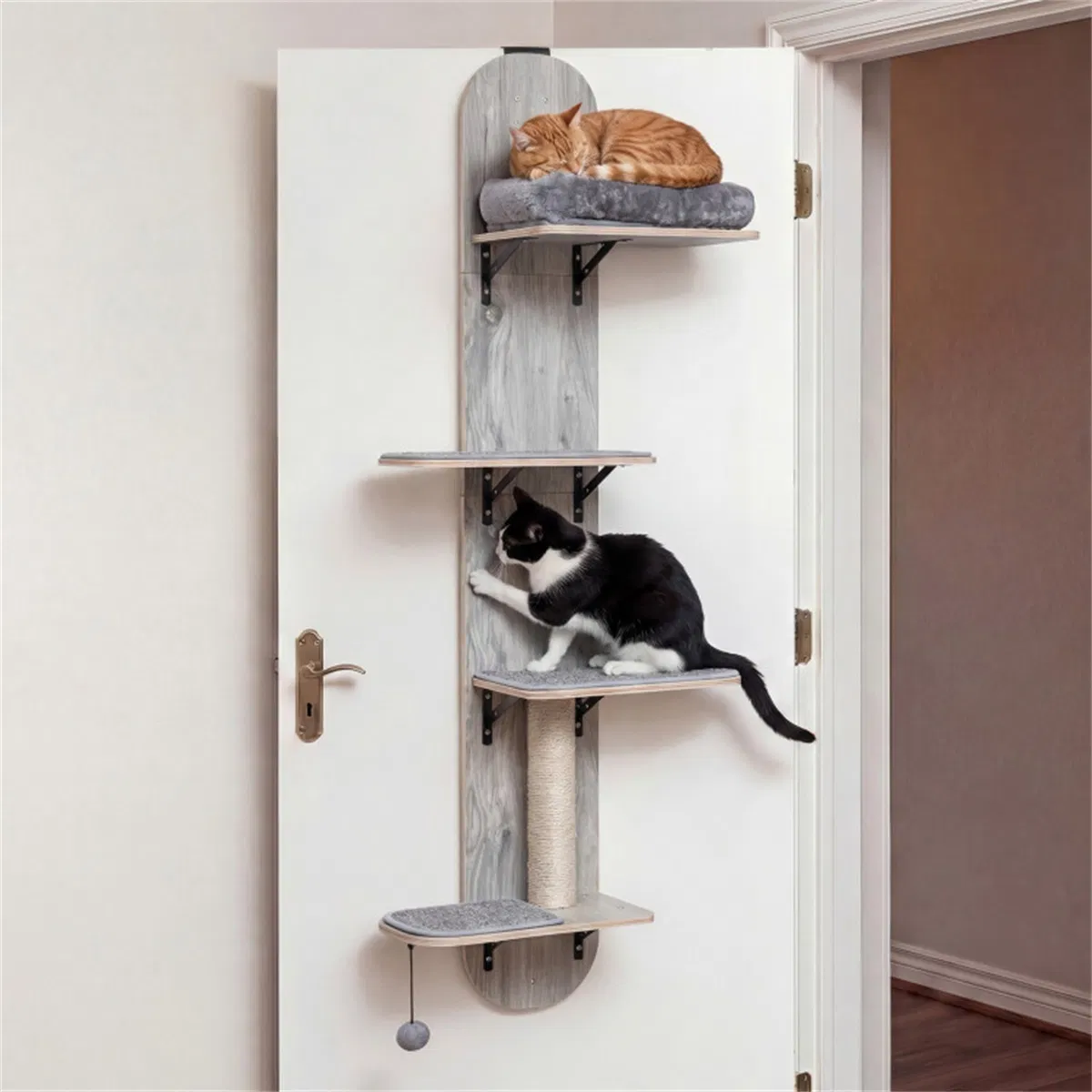 Door Hanging Cat Tree 5-Level Height Adjustable 4-Tier Climber No-Drill for Apartment Grey — image 2