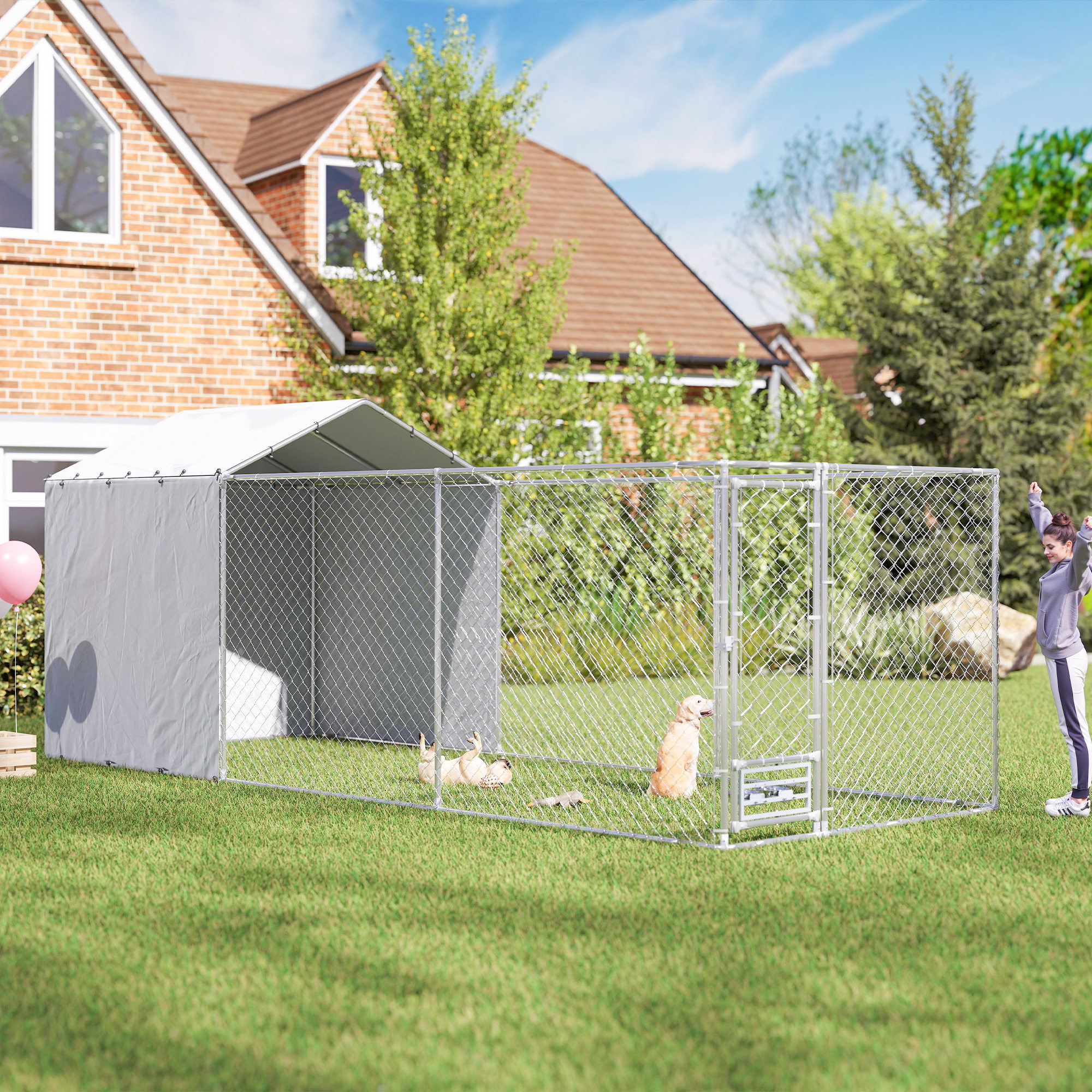 Galvanized Chain Link Large Outdoor Dog Kennel with Waterproof & UV-Resistant Cover, for M & L Dogs, 19.7 x 7.5 x 7.5 — imagen 1