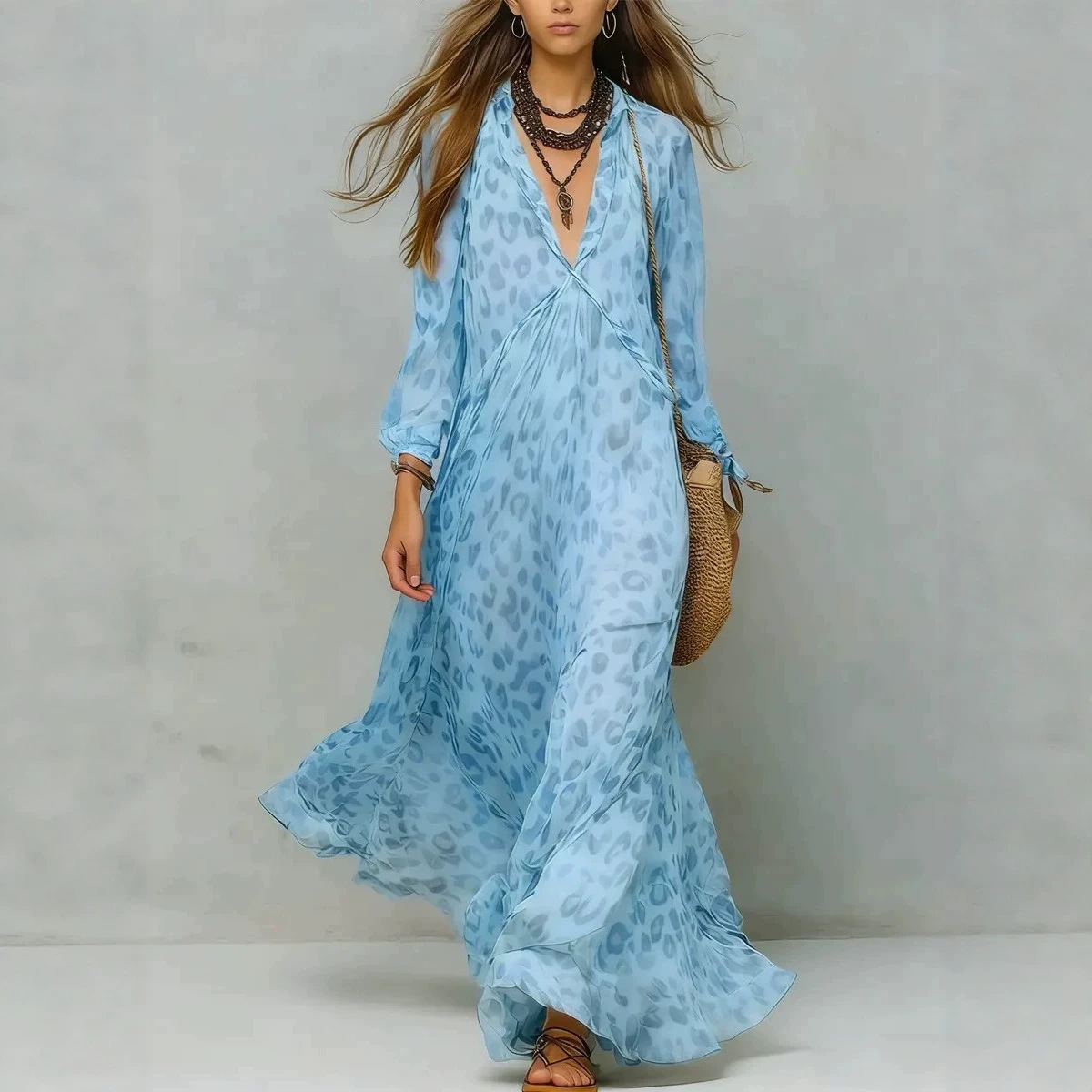Dress de Verano con Estampado de Leopardo, Vuelo Profundo y Manga Larga — imagen 4