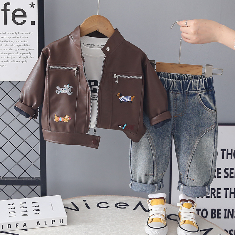 Boys Spring Cartoon Puppy Letter Long Sleeve Hoodie 3 Piece Set — image 3