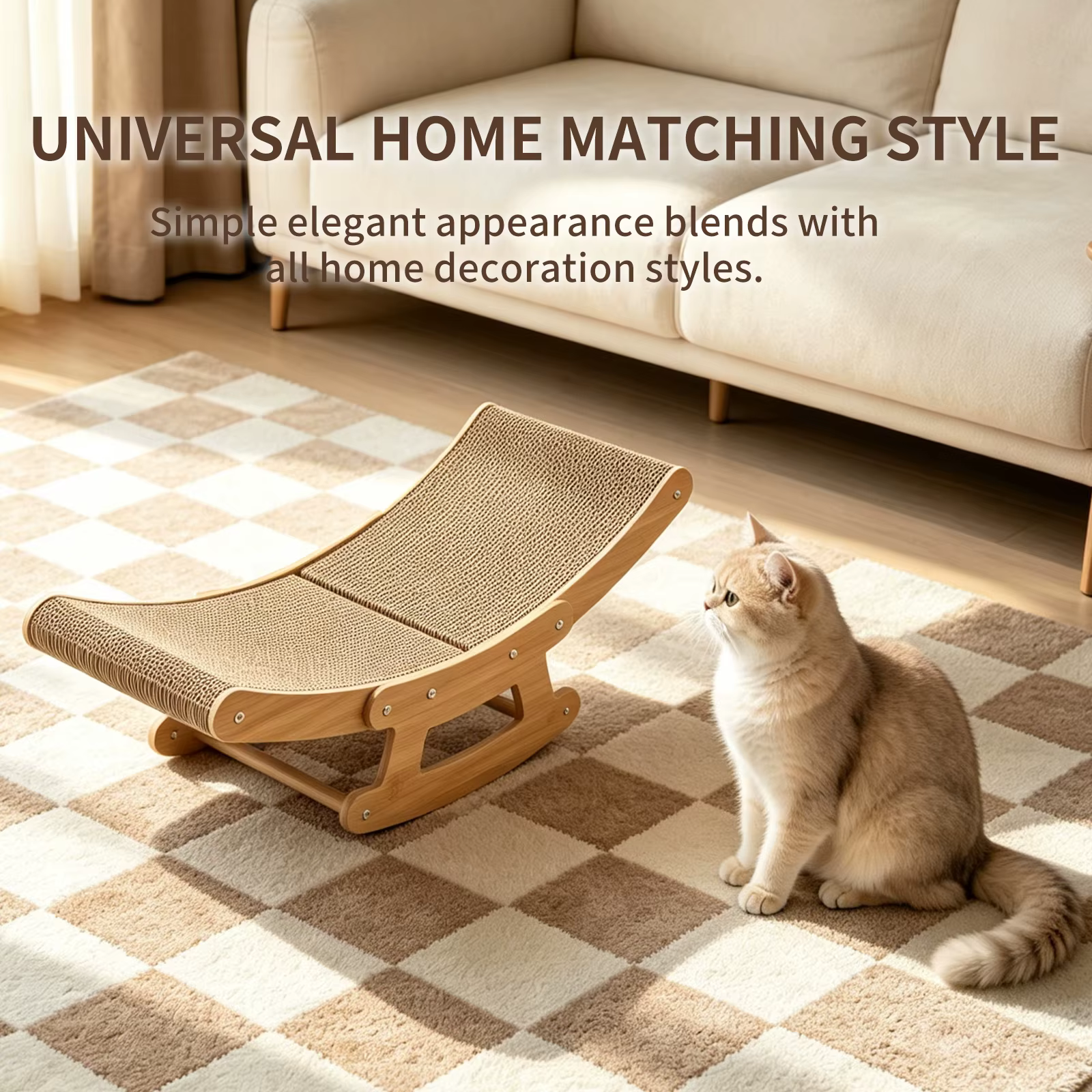 Cat Rocking Scratcher Chair for Indoor Cats, 2-in-1 Natural Corrugated Cardboard Cat Scratching Lounge, Wooden Frame Rocker Bed, Multi-Functional Cat Resting Hammock Furniture, Easy to Assemble — image 3