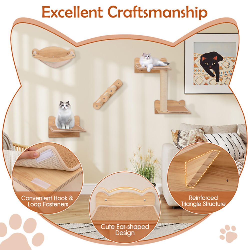 Conjunto de Mobiliario para Gatos en la Pared con Hamaca - 4 Piezas, Árbol de 2 Niveles y Percha — imagen 6
