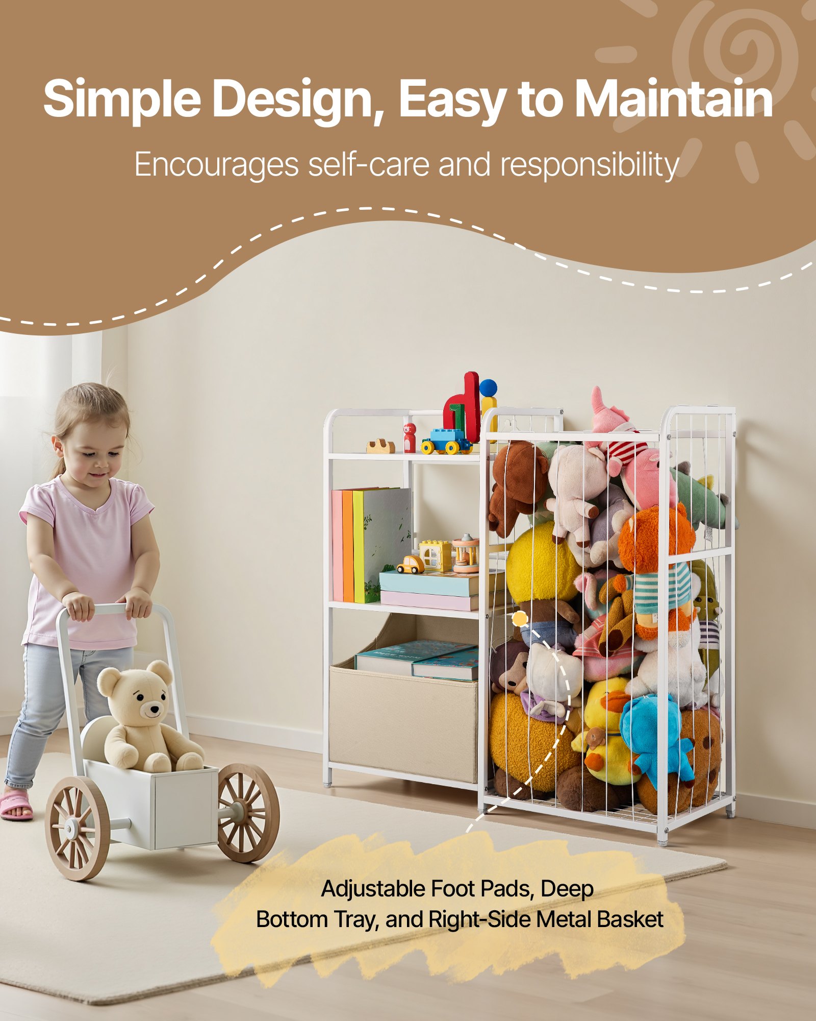 Kids Bookshelf And Stuffed Animal Storage, Toy Storage Organizer, 2-Tier Book Shelf With Fabric Toy Chest, Toy Storage For Kids Room, Living Room, Entryway, Nursury, Preschool, White — image 2