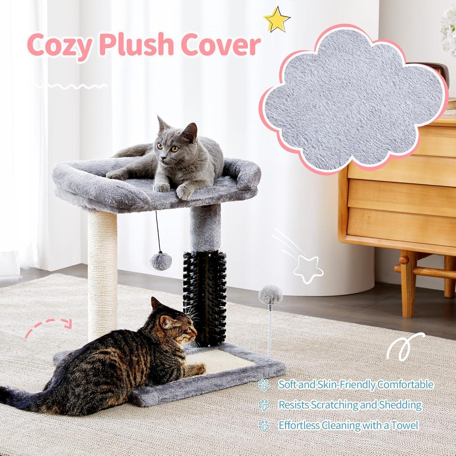 Árbol de Gato 4 en 1 Pequeño con Pelo Natural y Cepillo para Autogroomado, Poste de Escarbar Sisal y Colgantes para Entretener a los Gatos Indómitos — imagen 2