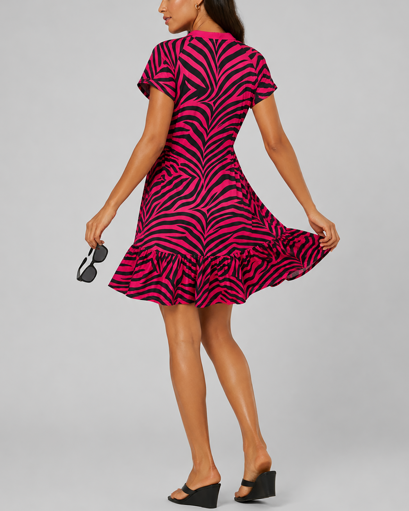 Women's Fashion Color-Blocking Zebra Pattern Printed V-Neck Lotus Leaf Edge Short Sleeve Elastic Dress — image 5