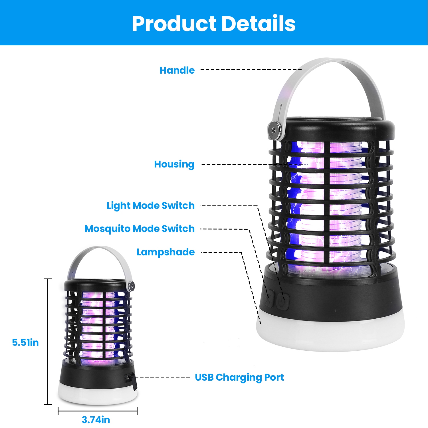Lámpara Matamosquitos 4 en 1, Recargable, Antimosquitos para Interior y Exterior, Impermeable, Lámpara Matamosquitos con 3 Modos de Iluminación para Patio, Jardín y Hogar — imagen 8