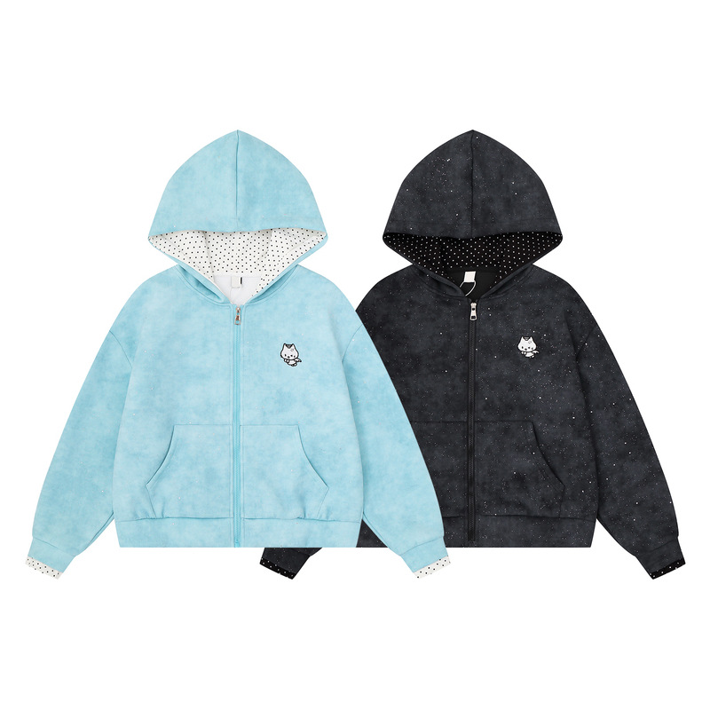 Light blue sparkling kitten embroidery hooded cardigan for women — image 4