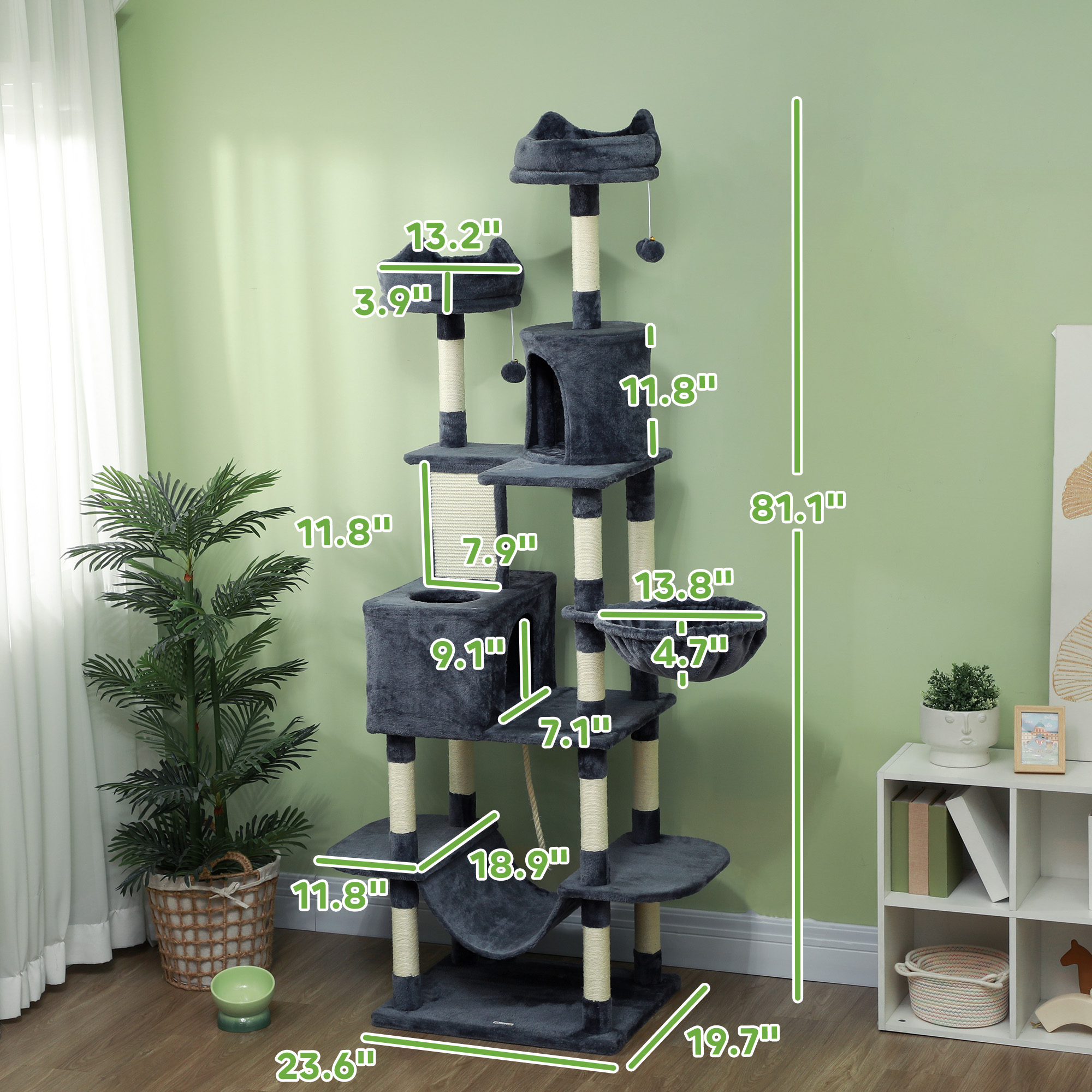 Rascador para Gatos de 81" con Postes Rascadores, Tabla Rascadora, Casitas, Camas, Hamacas, Pelotas de Juguete y Juguete de Cuerda, Gris — imagen 8