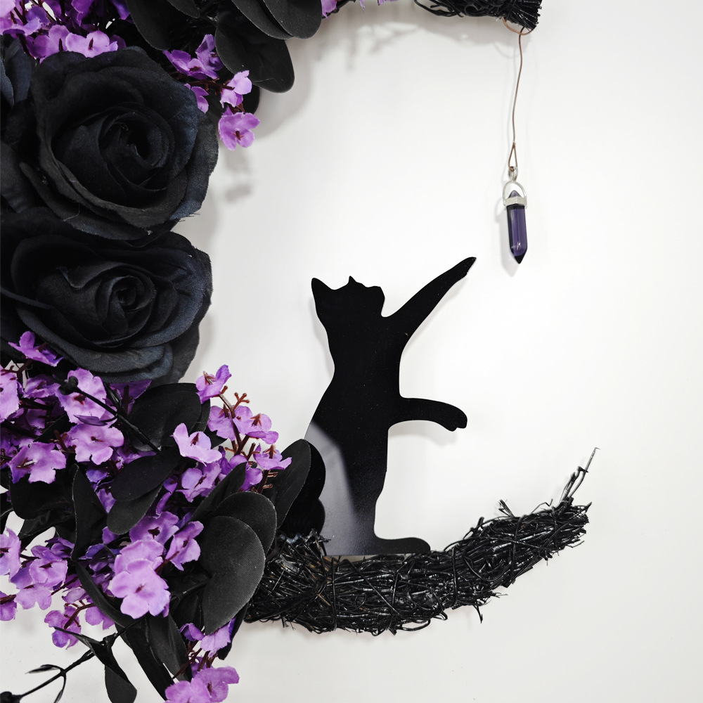 Halloween Moon Cat Wreath Decoration LED Black Rose Dry Branch Artificial Vine Circle Ornament Props — image 5