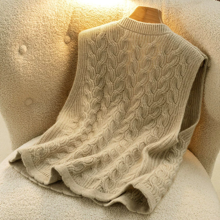 Women's V-Neck Cable Knit Imitation Sheep Wool Vest, Sleeveless Single-Breasted Cardigan — image 5