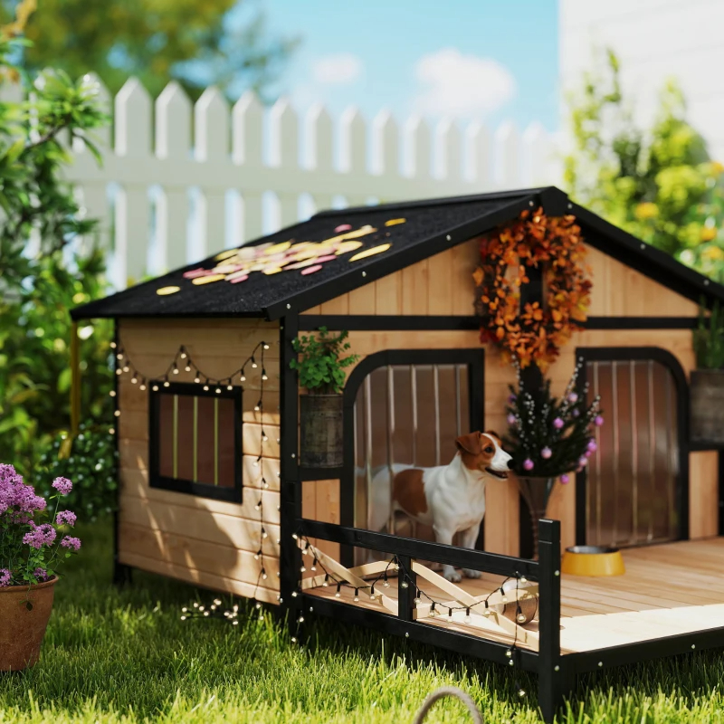 Casa para Perros Exterior, Caja de Madera Resistente al Tiempo con Porche, Techos Abatibles y Varios Paquetes Enviados. Por Favor Preste Atención a las Dimensiones y Peso en los Detalles — imagen 8