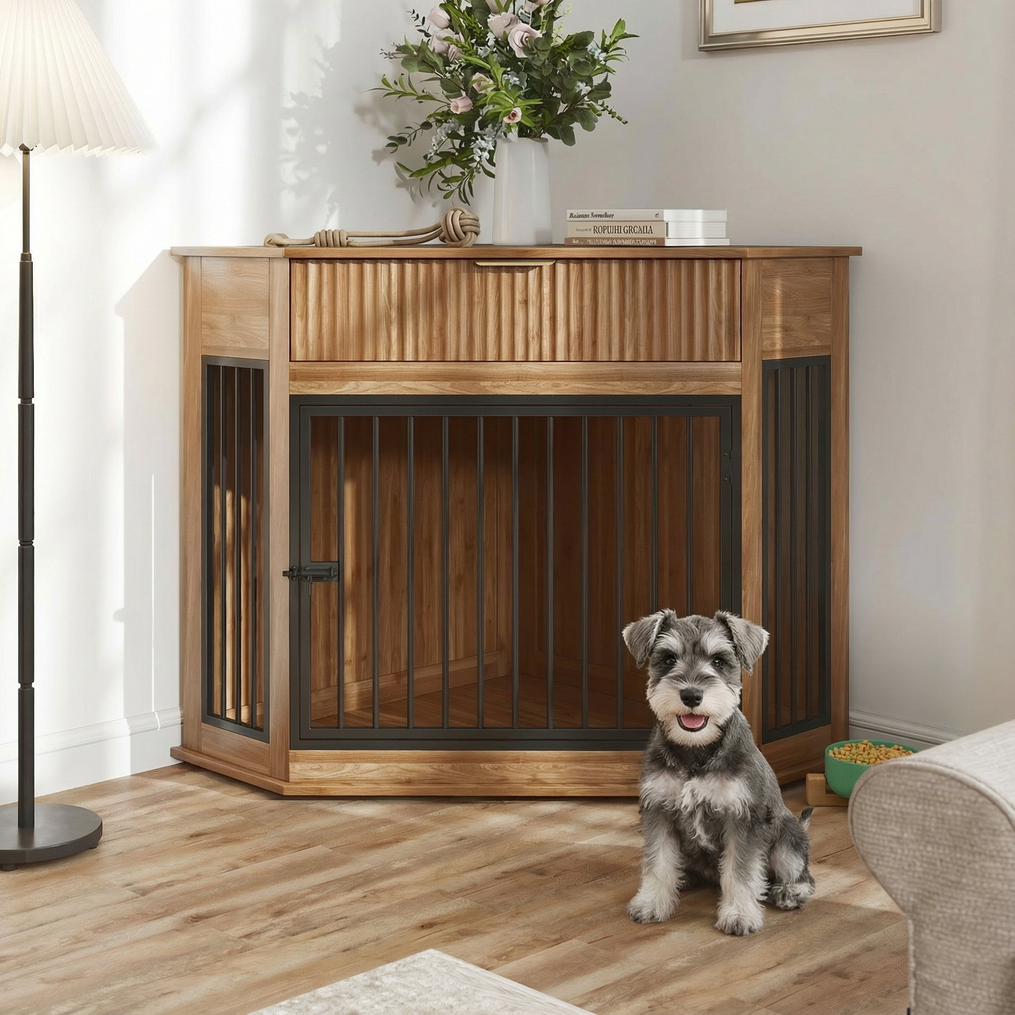 Jaula de esquina de 44.6" en MDF, mueble estilo jaula para perros pequeños y medianos, mesa auxiliar decorativa con cajón acanalado, gabinete moderno para ahorrar espacio, para interior, nogal — imagen 1
