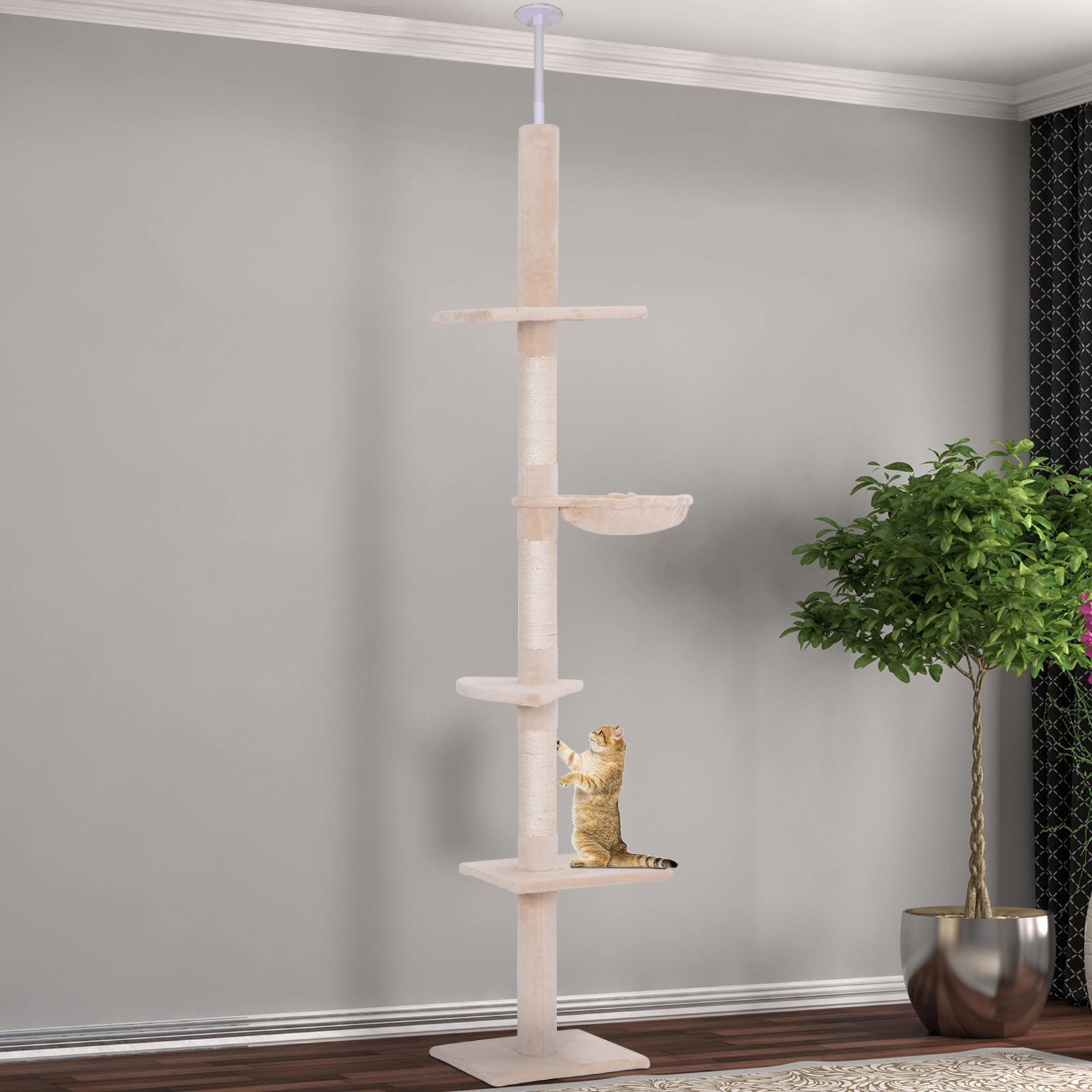 Árbol de Gatos Ajustable de 102" de Alto, 5 Niveles con Postes para Rasgar y Hamaca en Beige — imagen 1