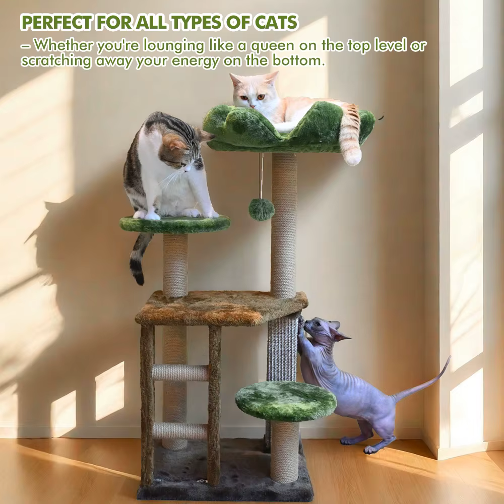 Árbol de Gato Mediano: Torre de Gatos de Escaleras Verdes de Múltiples Niveles con Poste de Rascado y Posición Acogedora — imagen 4