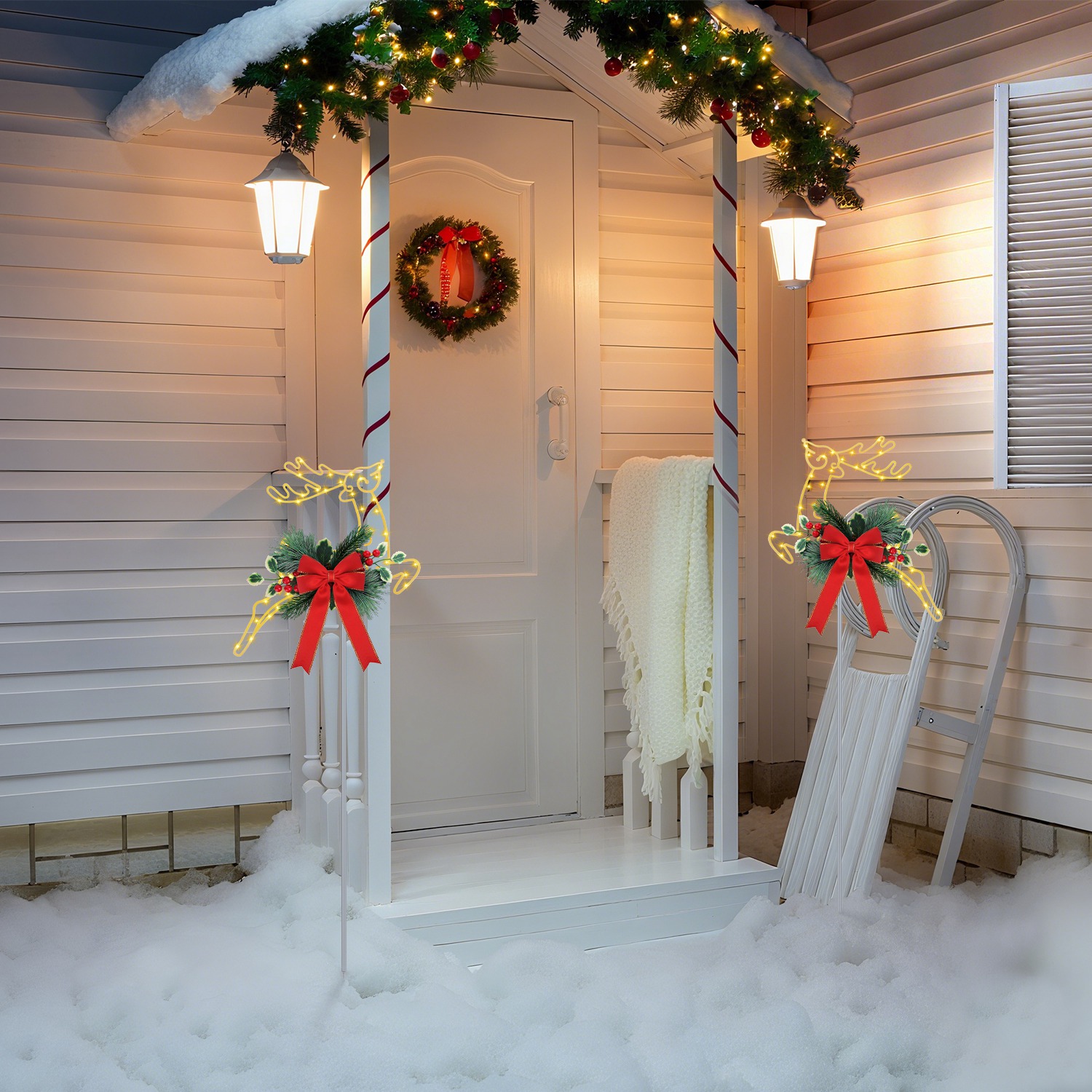 2 renos navideños luminosos, estacas de luces LED para camino, a pilas, para jardín, césped, porche, puerta principal y decoración navideña de patio — imagen 5