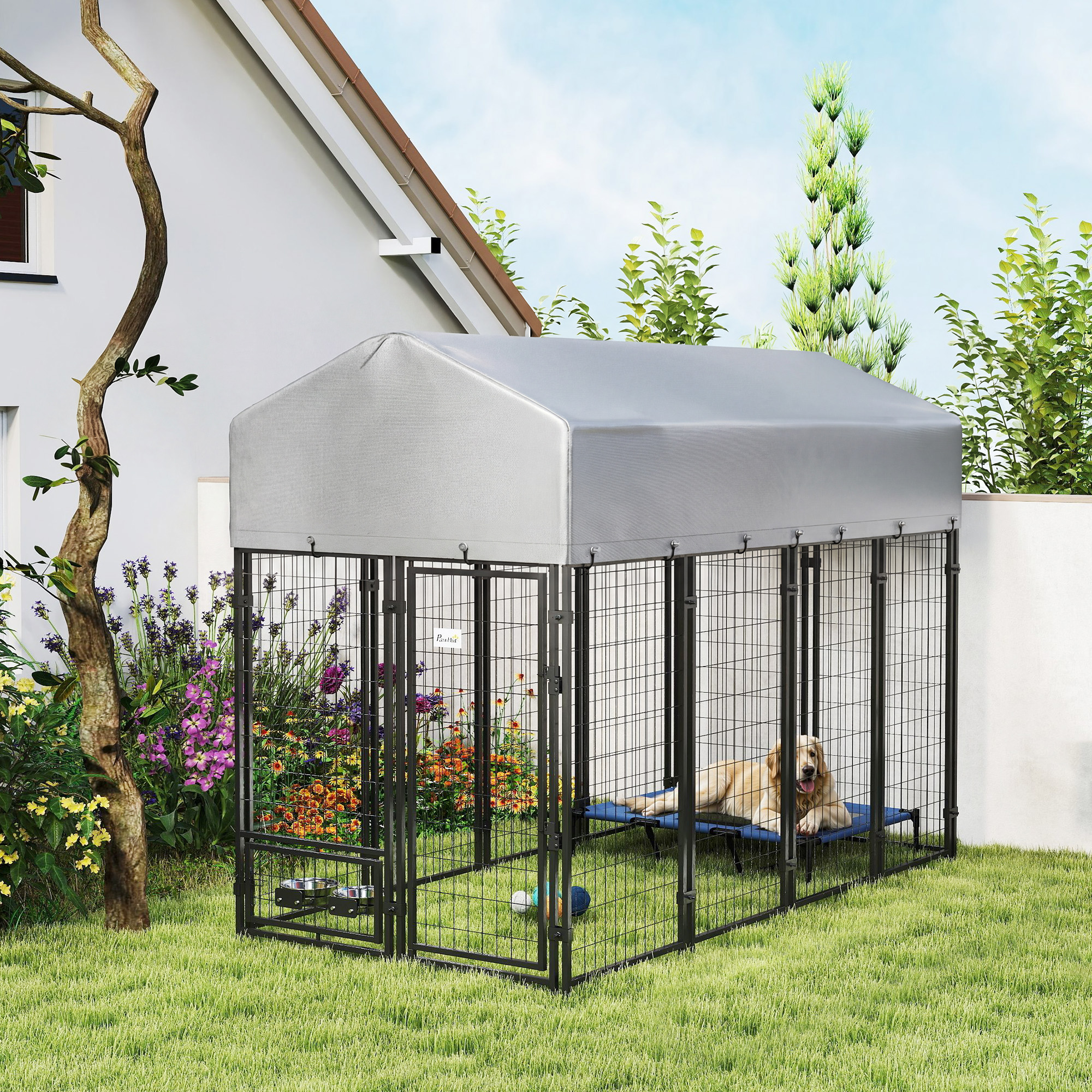 Caseta para Perros de Exterior 8 x 4 x 6, Corral Exterior para Perros con Comederos Giratorios 360°, Funda Impermeable y Resistente a los Rayos UV — imagen 2