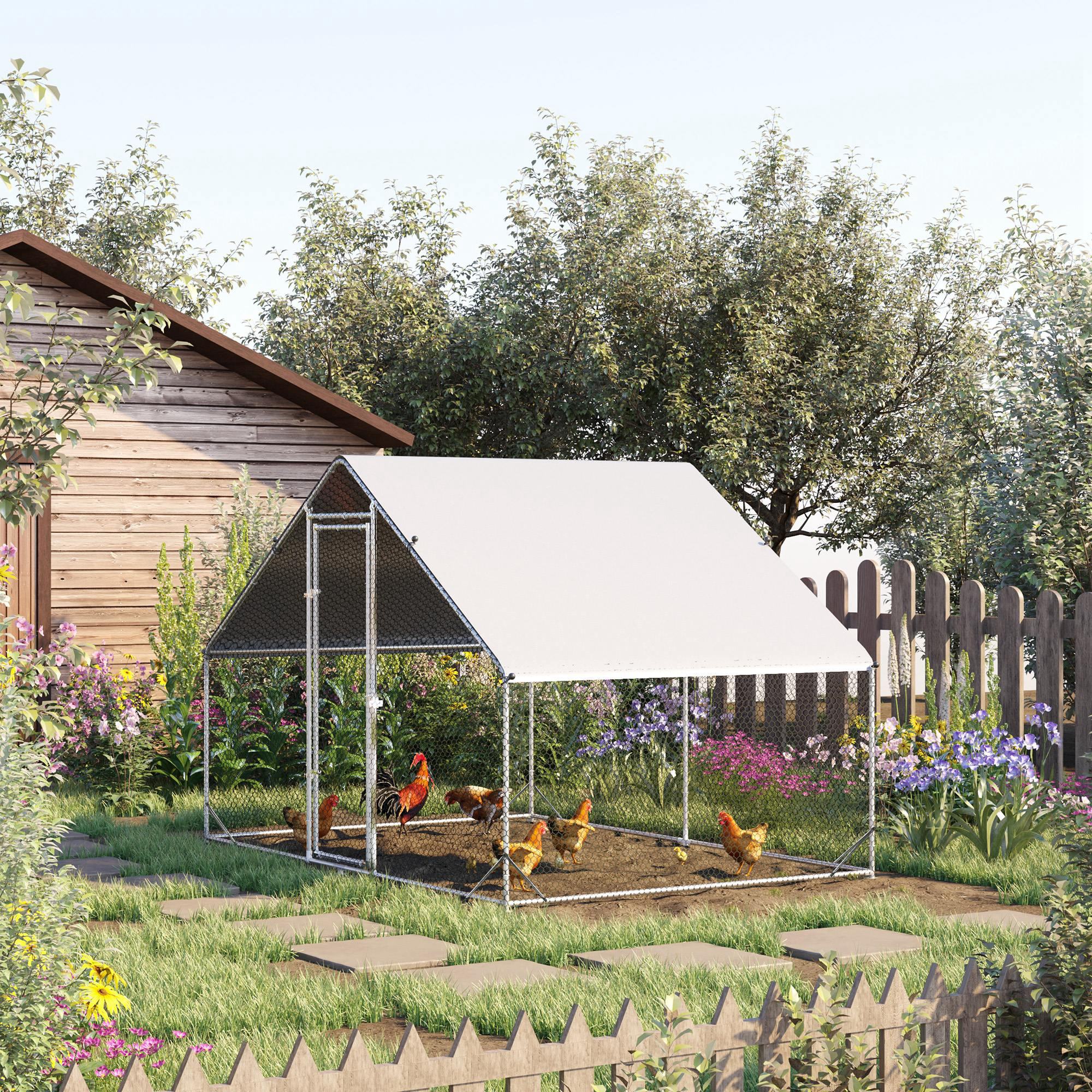 Cobertizo para Pollos de Metal con Corral Exterior y Cubierta Impermeable y Anti-UV, Forma de Aguja con Acceso Peatonal, Ideal para Jardín y Uso Agrícola Exterior, Diámetro de Tubo 2.5 cm, 9.8 x 6.6 x 6.6 ft — imagen 1